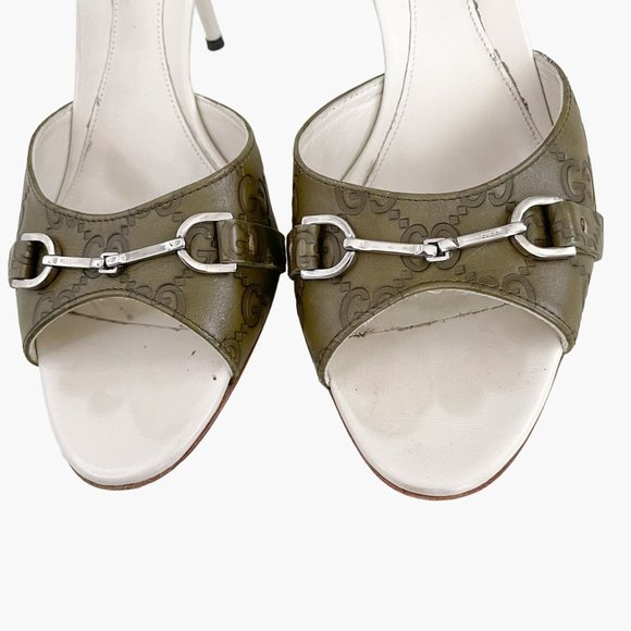 Gucci Horsebit Mules EU 39 US 9 Green GG Peep Toe Buckle High Heel Slide Sandals - Picture 3 of 12